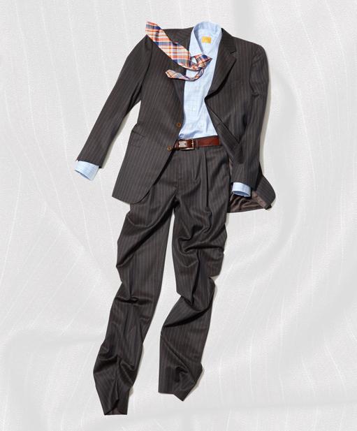 Canali char brown pinstripe melange flannel suit, $1695. Robert Talbott glen plaid dress shirt, $145. Robert Talbott hand sewn tie, $135. Bill Lavin soft collection calf skin belt, $95.